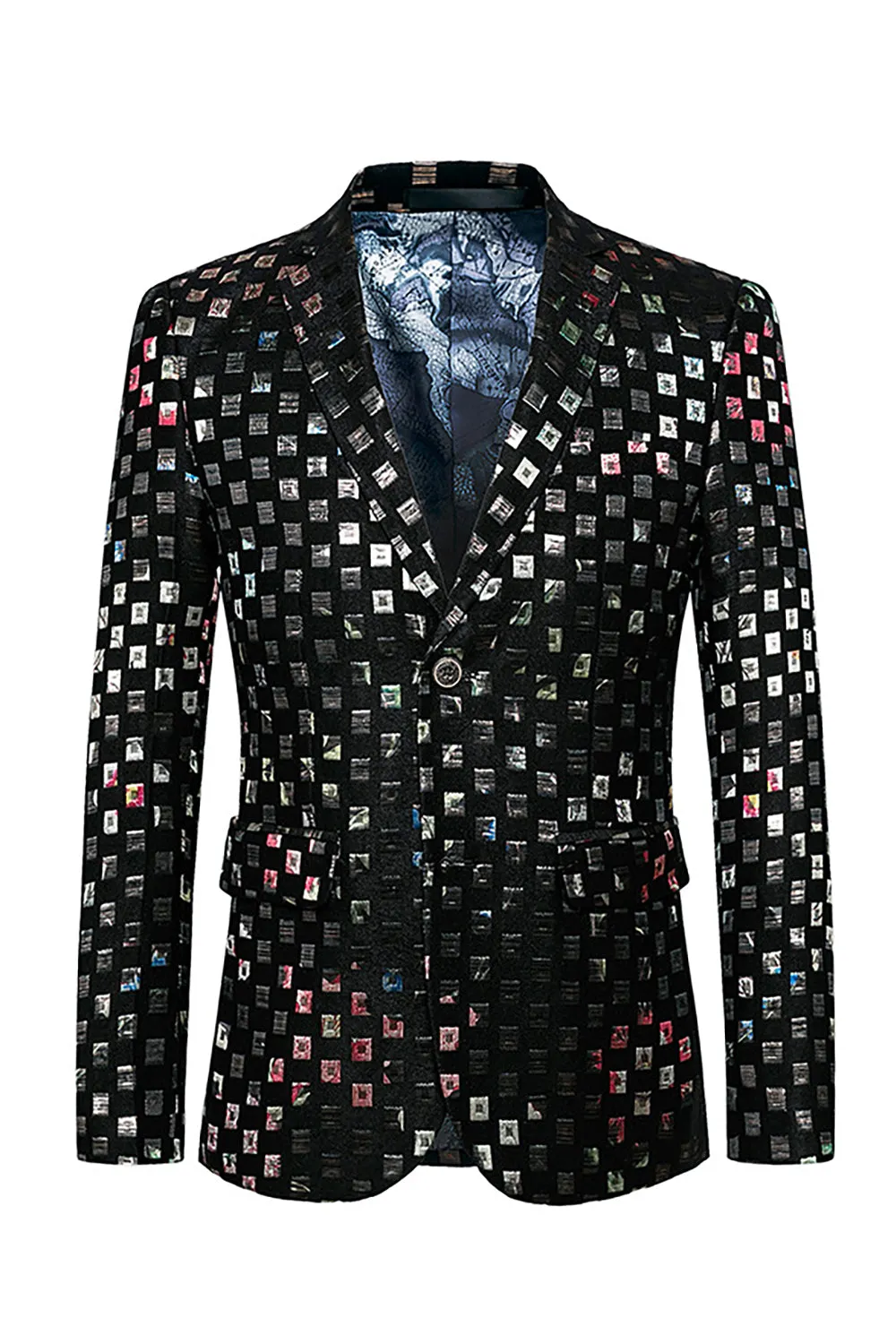 Sparkly Plaid Notched Lapel One Button Men's Blazer sold by Zapaka
