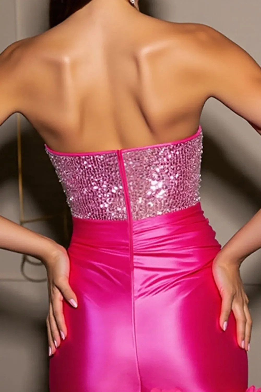 Sparkly Fuchsia Strapless Satin Bodycon Homecoming Dress With 3D Flowers sold by Zapaka product image thumbnail 4