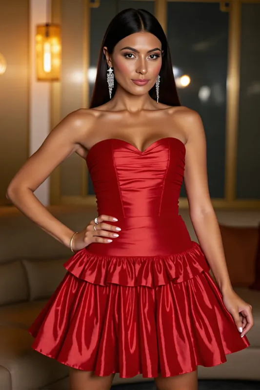 Red A Line Corset Tiered Satin Sweetheart Short Homecoming Dress sold by Zapaka