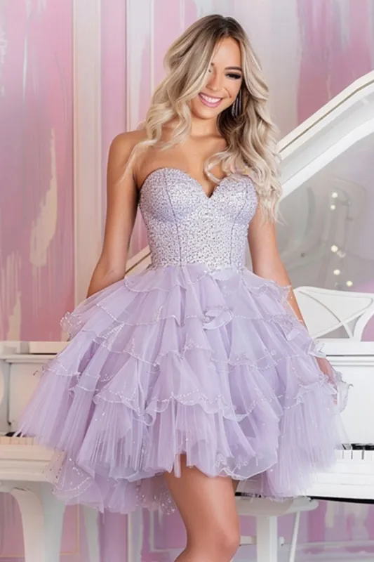 Sparkly Lilac Tulle Sweetheart Short Homecoming Dress with Ruffles sold by Zapaka