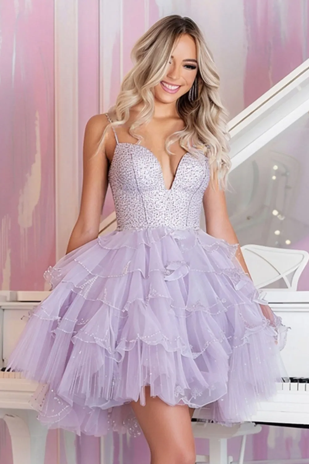 Sparkly Lilac Tulle Tiered Short Homecoming Dress with Ruffles sold by Zapaka product image thumbnail 2