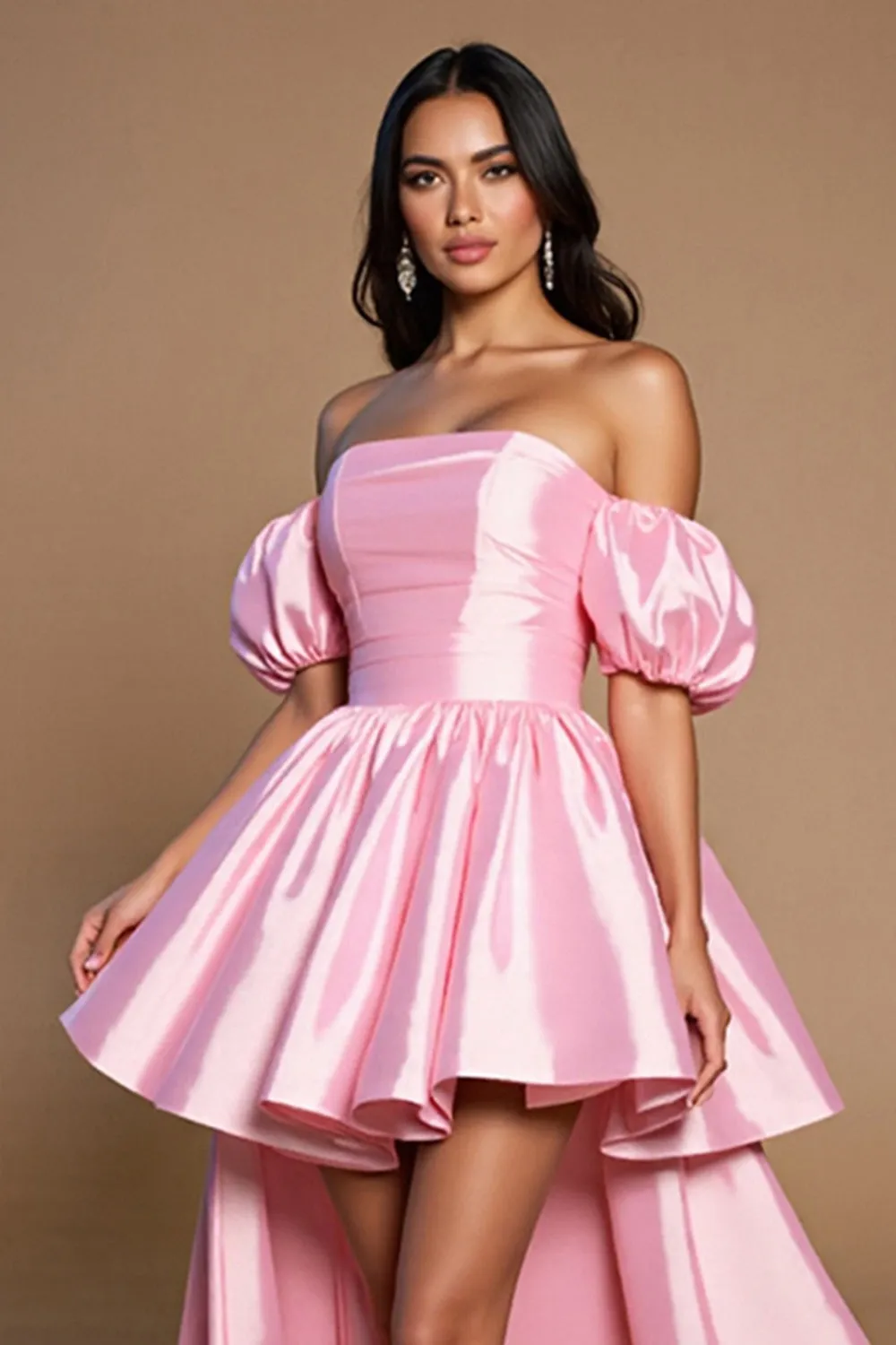 Pink High Low Satin A Line Off the Shoulder Short Homecoming Dress sold by Zapaka product image thumbnail 3