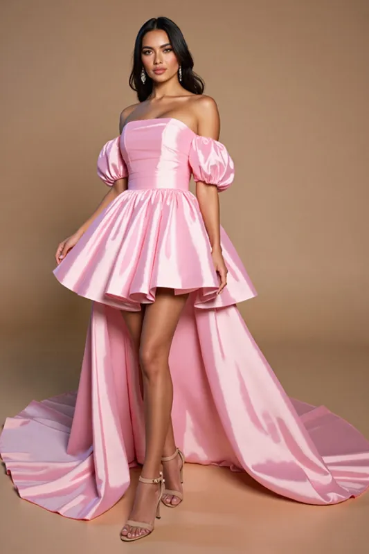 Pink High Low Satin A Line Off the Shoulder Short Homecoming Dress sold by Zapaka