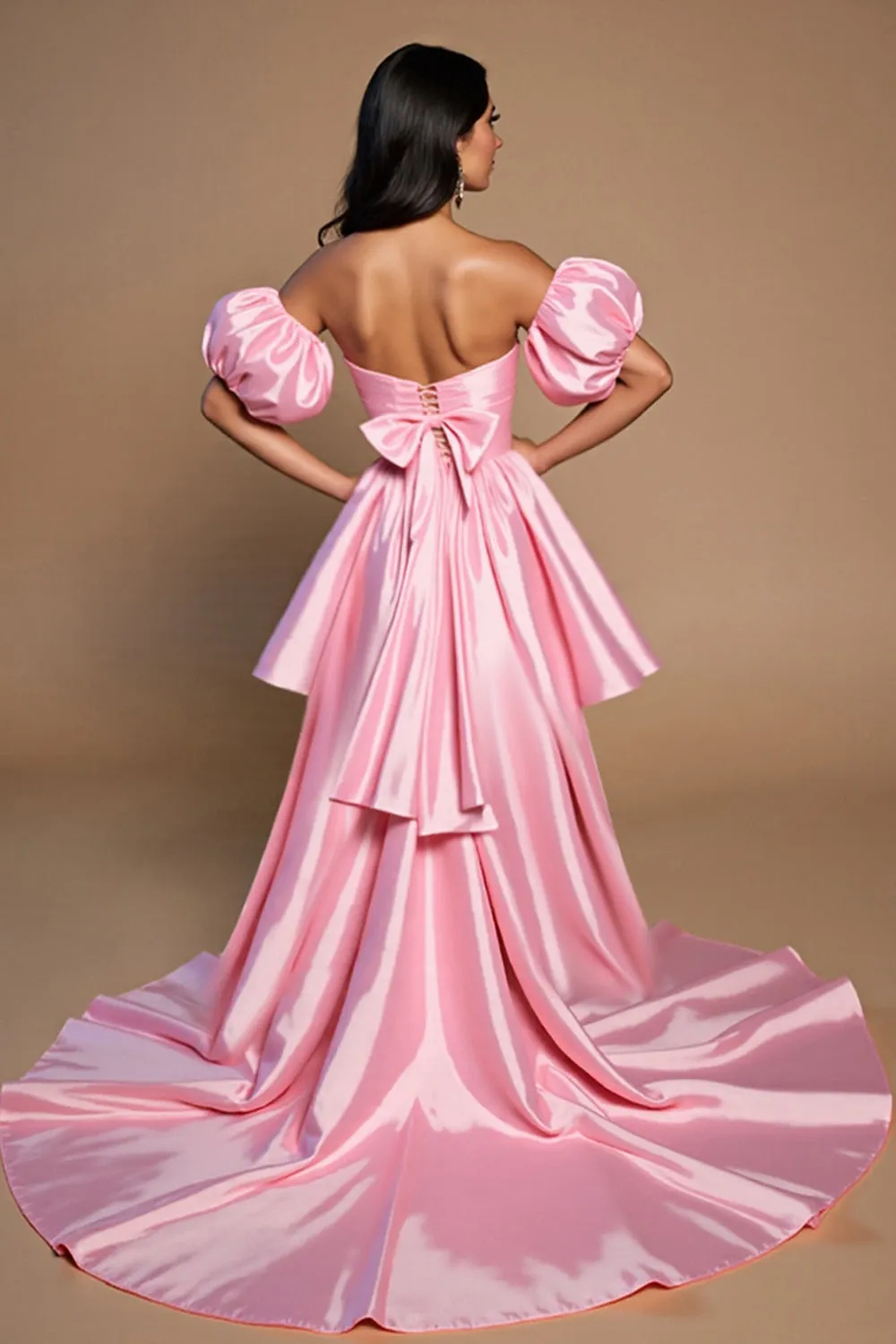 Pink High Low Satin A Line Off the Shoulder Short Homecoming Dress sold by Zapaka product image thumbnail 2