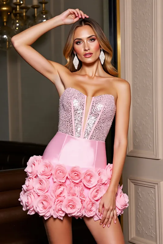 Sparkly Pink Satin Bodycon Beaded Short Homecming Dress with 3D Flowers sold by Zapaka