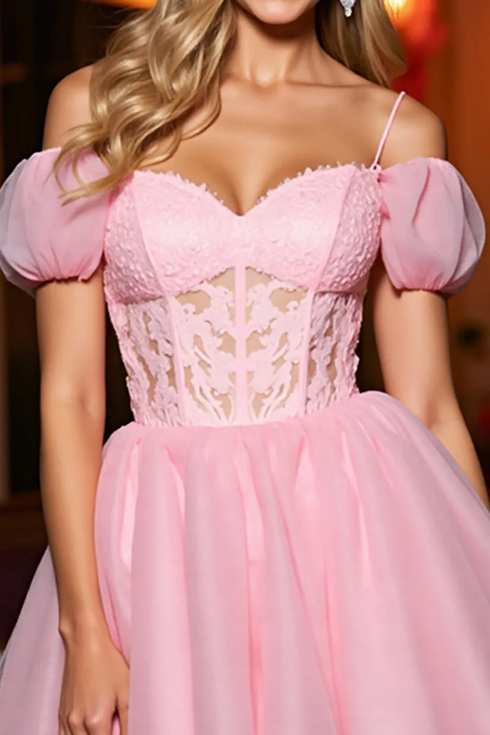Pink Tulle A Line Corset Cold Shoulder Short Homecoming Dress sold by Zapaka product image thumbnail 3
