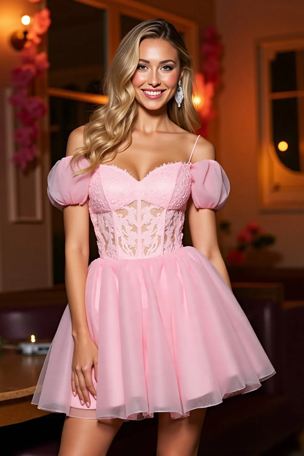 Pink Tulle A Line Corset Cold Shoulder Short Homecoming Dress sold by Zapaka