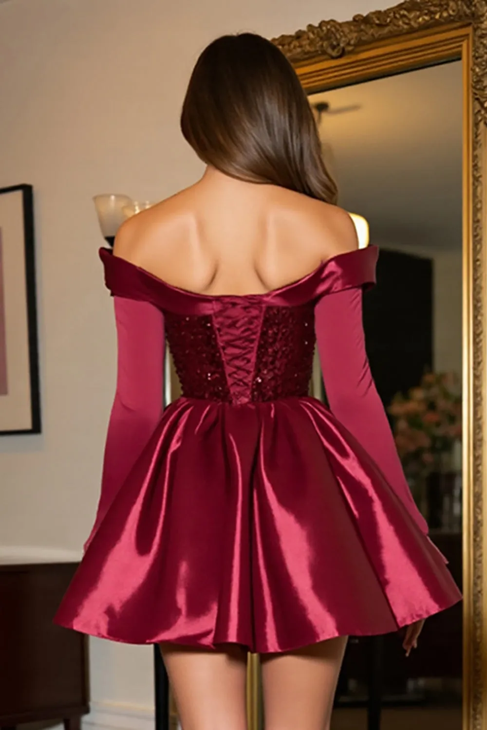 Sparkly Burgundy Satin Corset Beaded A Line Short Homecoming Dress sold by Zapaka product image thumbnail 4