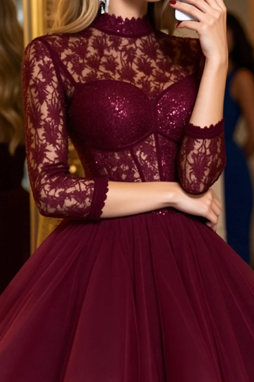 Burgundy Tulle Corset High Illusion Neck Short Homecoming Dress with Lace sold by Zapaka product image thumbnail 3