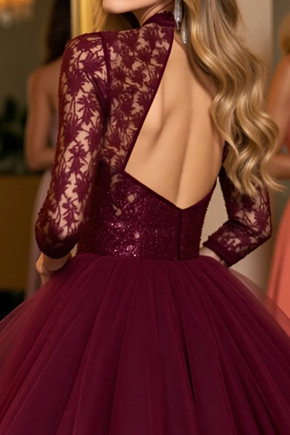 Burgundy Tulle Corset High Illusion Neck Short Homecoming Dress with Lace sold by Zapaka product image thumbnail 4