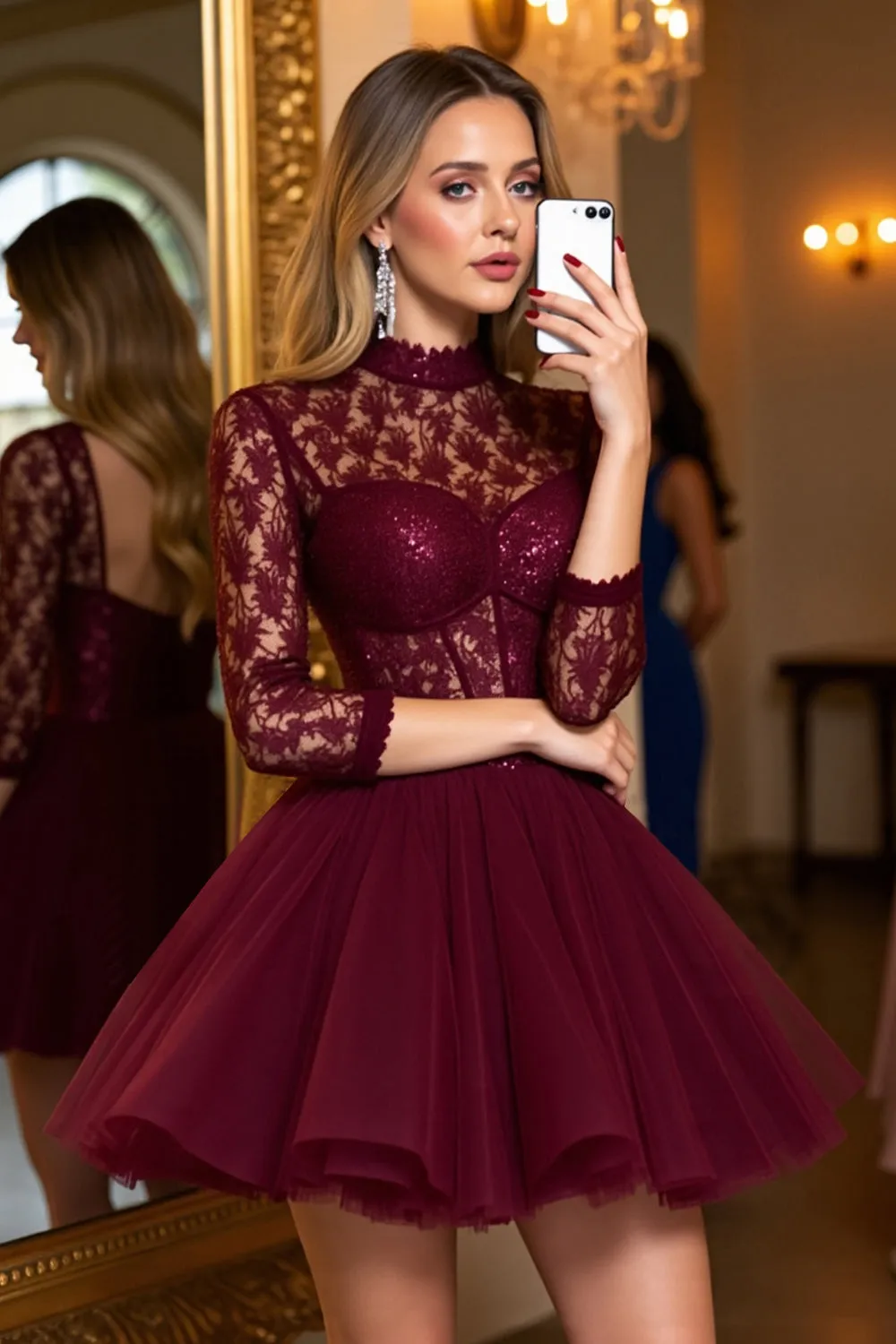 Burgundy Tulle Corset High Illusion Neck Short Homecoming Dress with Lace sold by Zapaka