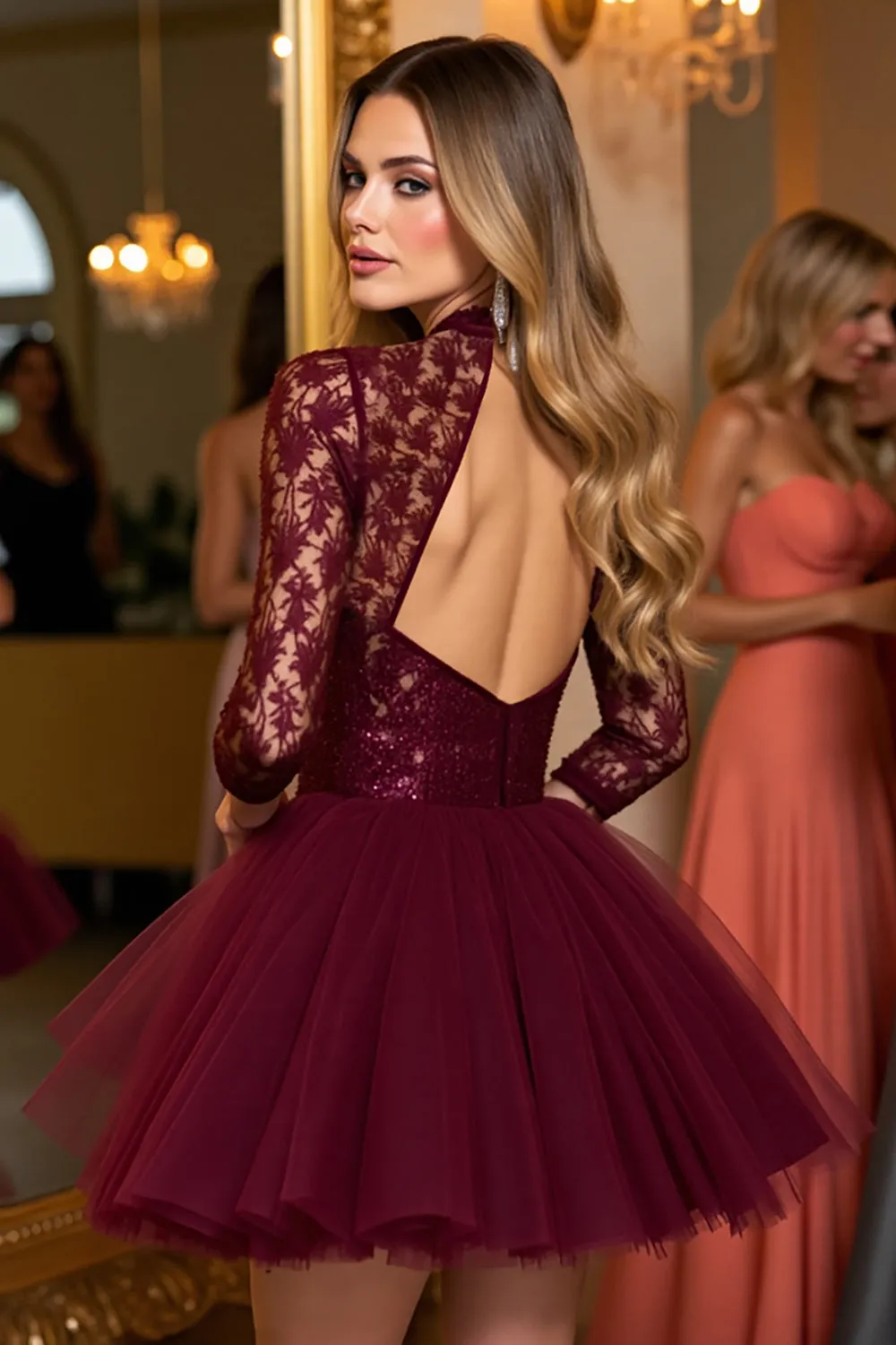 Burgundy Tulle Corset High Illusion Neck Short Homecoming Dress with Lace sold by Zapaka product image thumbnail 2