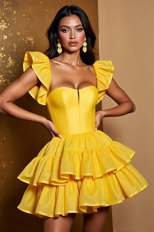 Yellow Tiered A Line Satin Short Homecoming Dress with Ruffles sold by Zapaka
