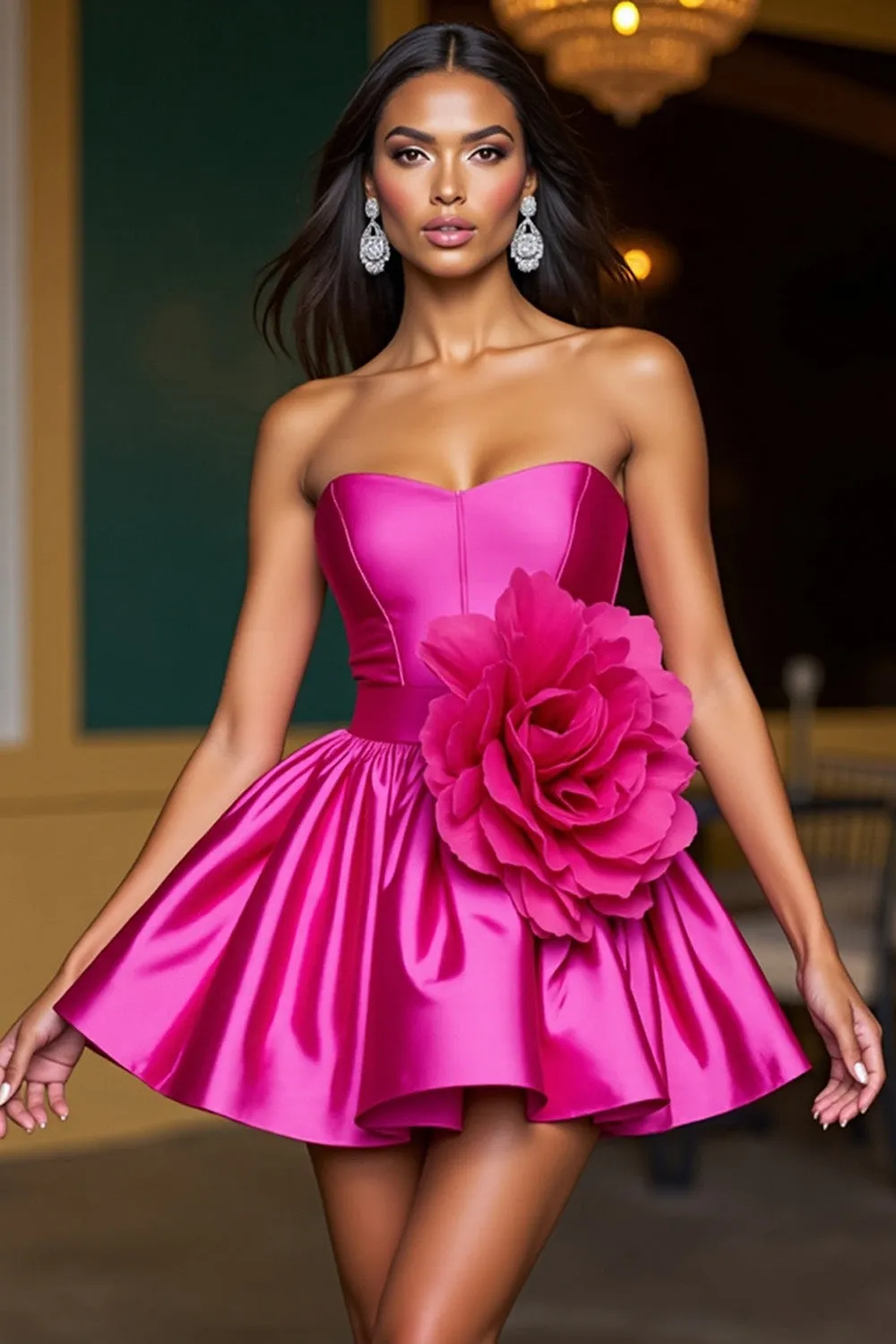 Fuchsia Strapless A Line Homecoming Dress With 3D Flowers sold by Zapaka