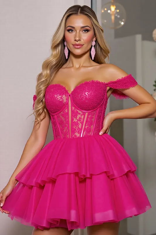 Off The Shoulder Corset A Line Fuchsia Homecoming Dress sold by Zapaka