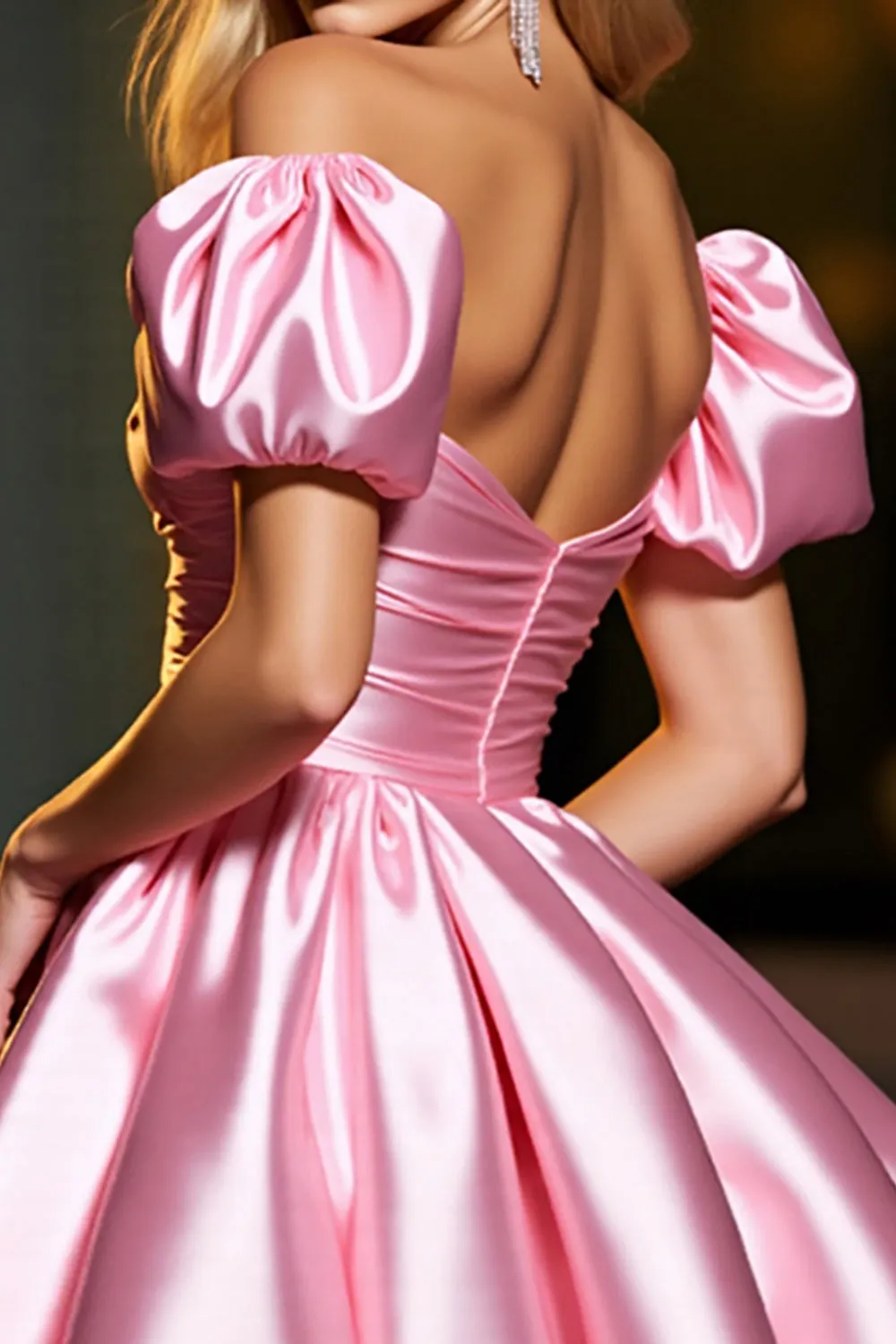 Pink A Line Satin Off the Shoulder Short Homecoming Dress with Ruffles sold by Zapaka product image thumbnail 4