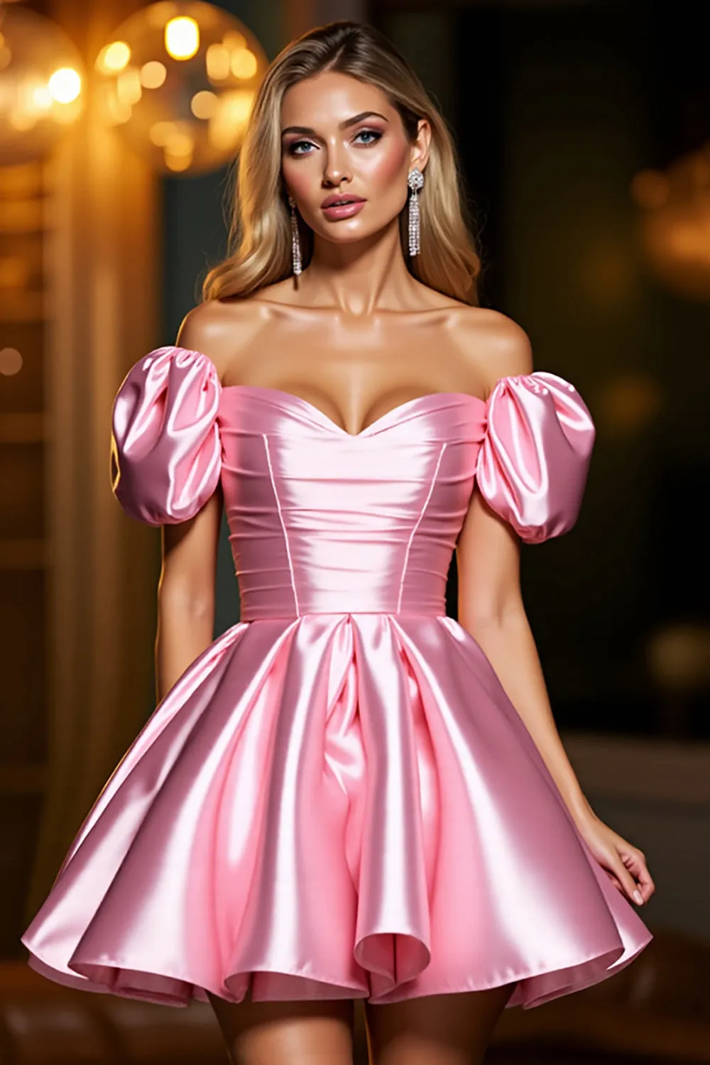 Pink A Line Satin Off the Shoulder Short Homecoming Dress with Ruffles sold by Zapaka