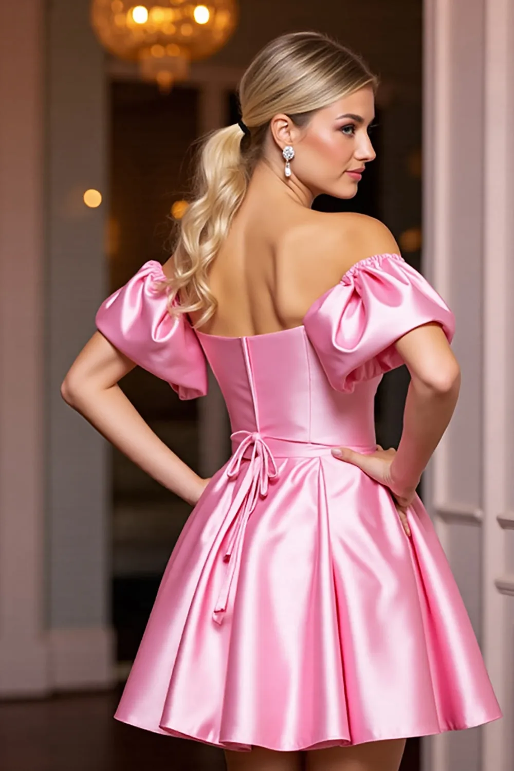 Off The Shoulder Pink Satin A Line Homecoming Dress sold by Zapaka product image thumbnail 2