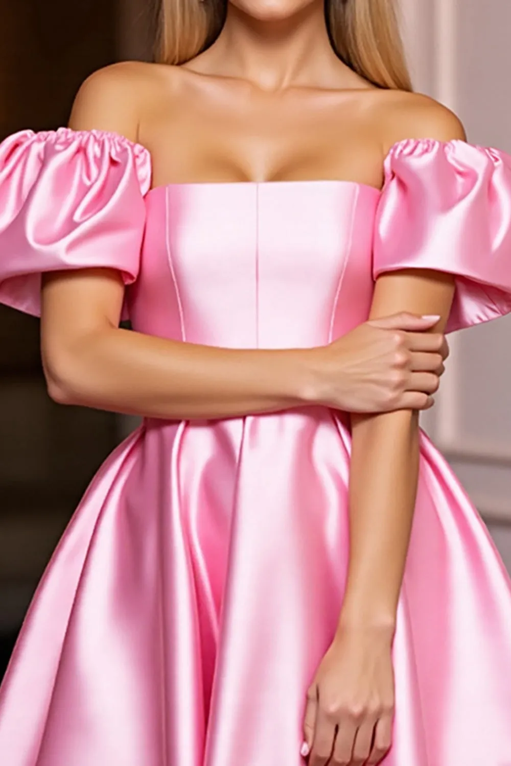 Off The Shoulder Pink Satin A Line Homecoming Dress sold by Zapaka product image thumbnail 3