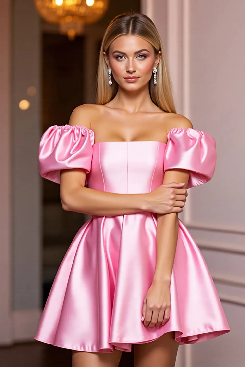Off The Shoulder Pink Satin A Line Homecoming Dress sold by Zapaka