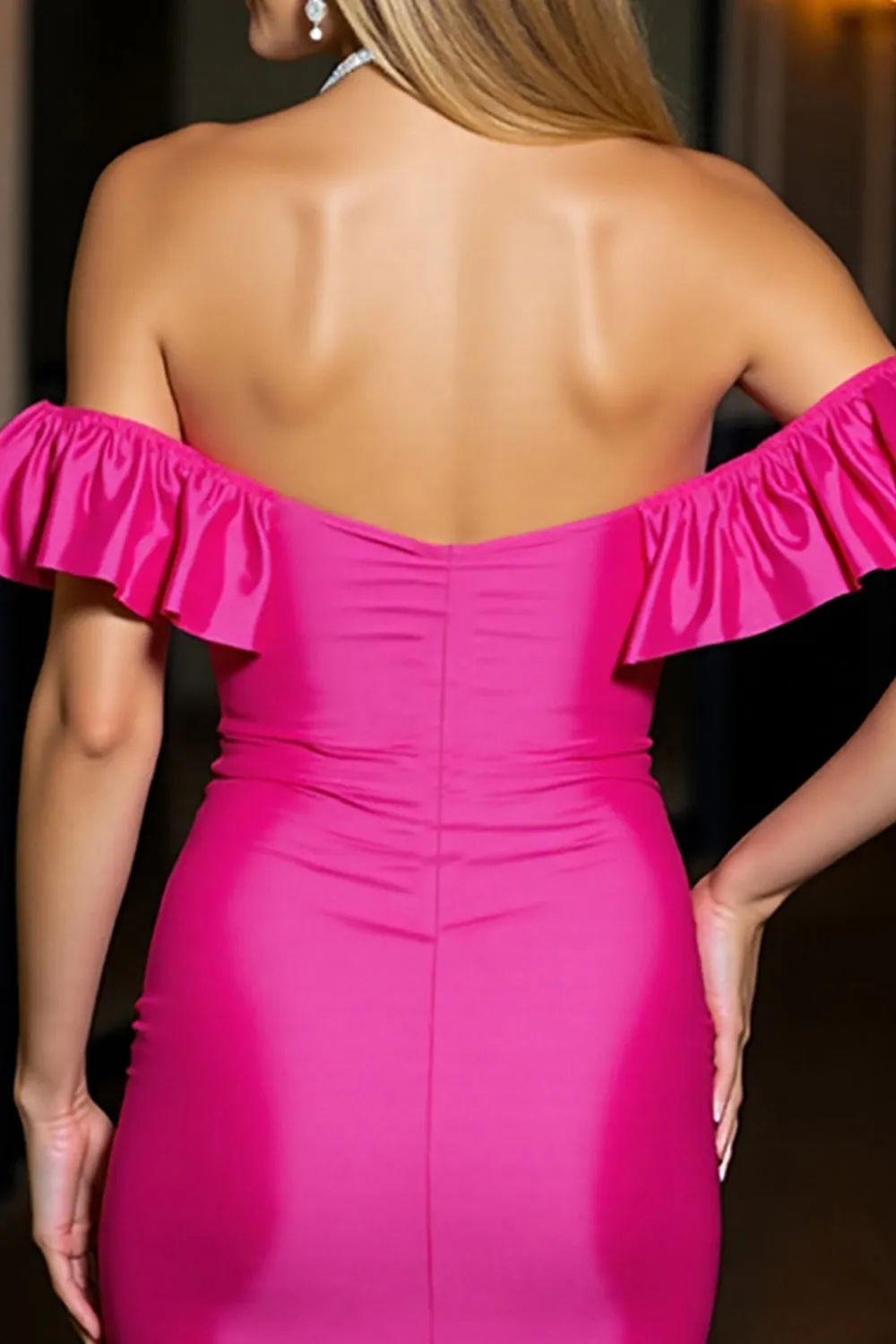 Off The Shoulder Fuchsia Satin Bodycon Short Homecoming Dress sold by Zapaka product image thumbnail 4