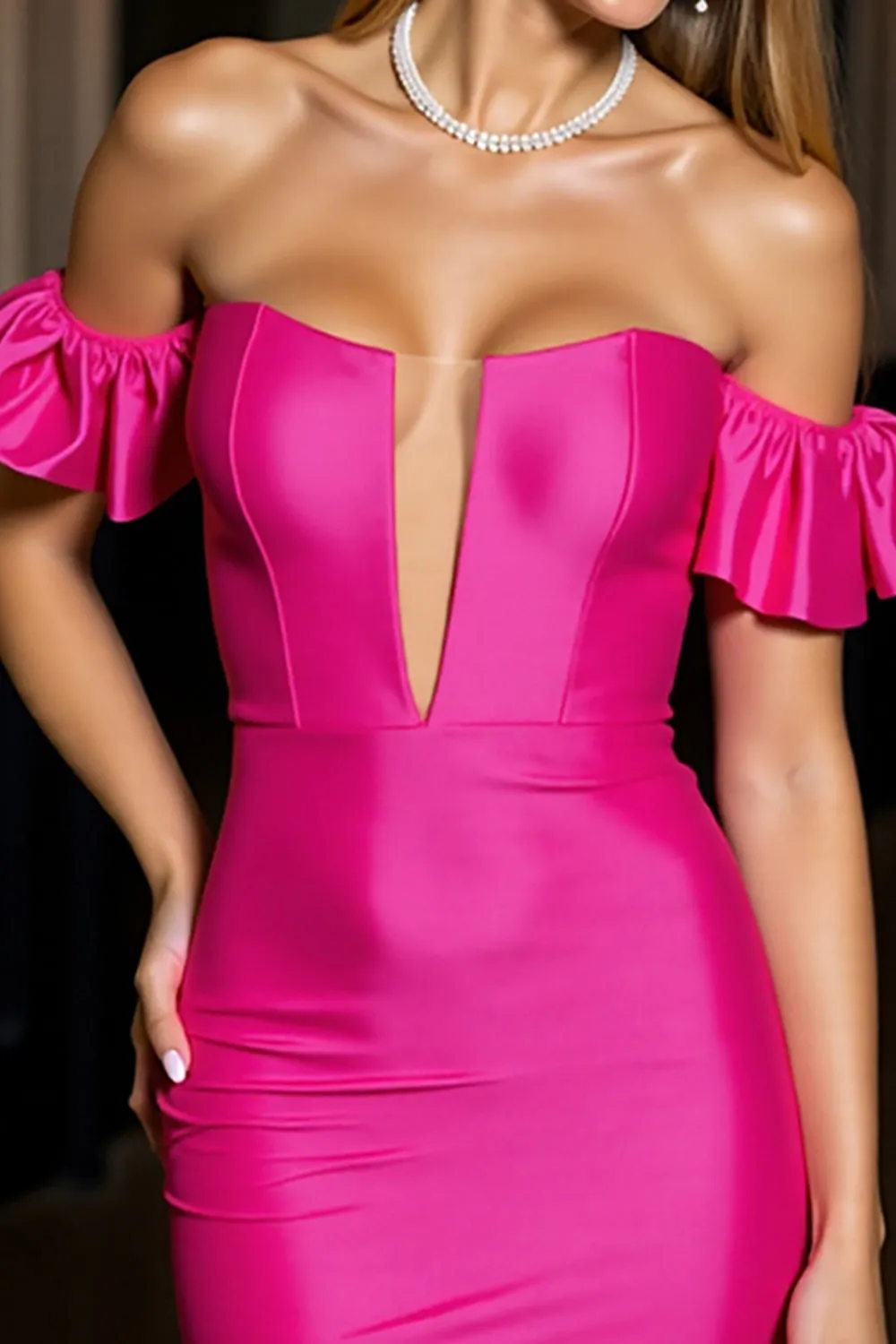Off The Shoulder Fuchsia Satin Bodycon Short Homecoming Dress sold by Zapaka product image thumbnail 3