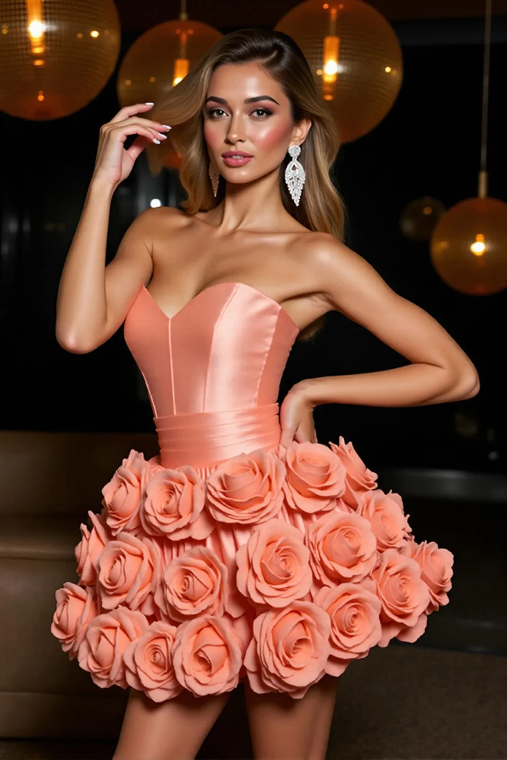 Orange Strapless Satin A Line Homecoming Dress With 3D Flowers sold by Zapaka