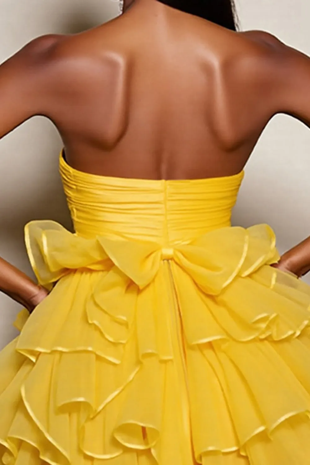 Yellow Strapless Satin Tiered A Line Homecoming Dress sold by Zapaka product image thumbnail 4