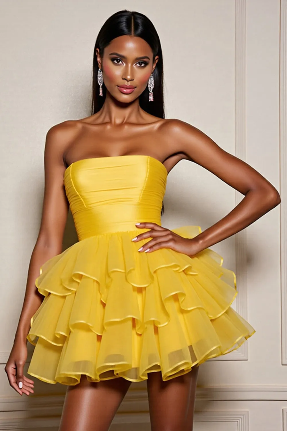 Yellow Strapless Satin Tiered A Line Homecoming Dress sold by Zapaka
