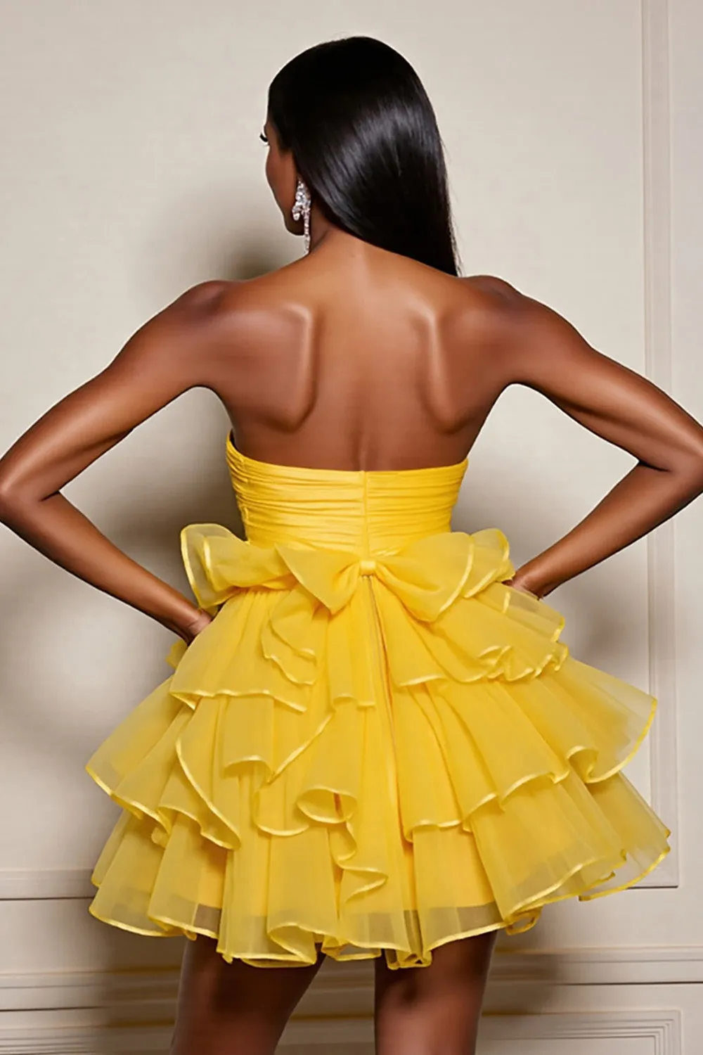 Yellow Strapless Satin Tiered A Line Homecoming Dress sold by Zapaka product image thumbnail 2