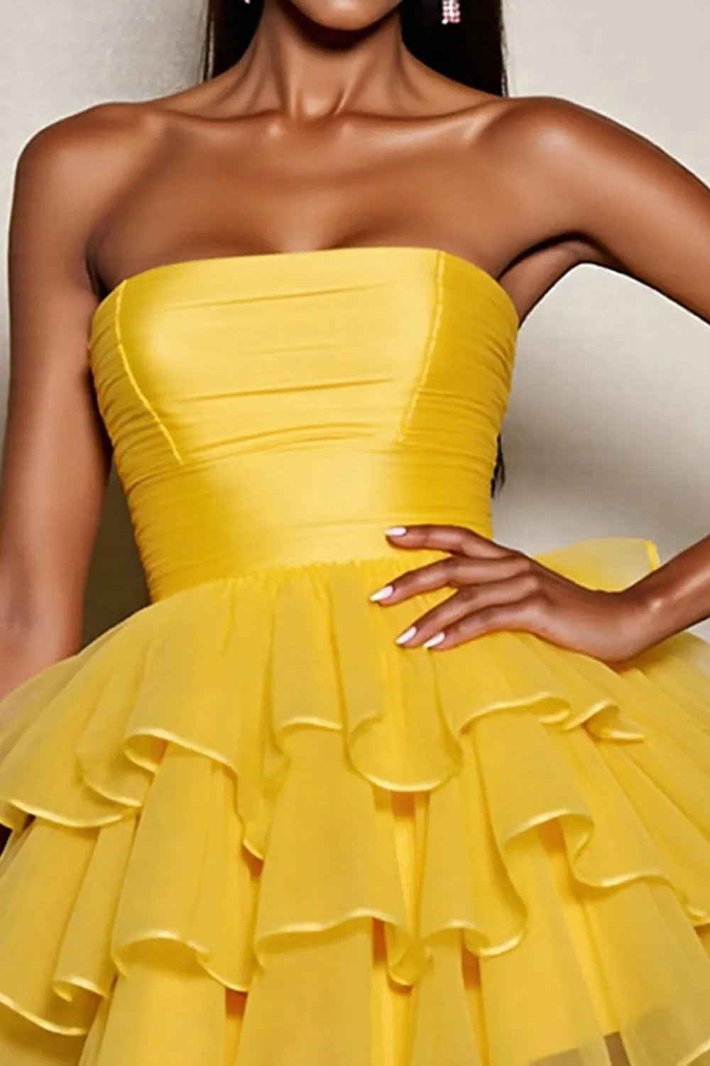 Yellow Strapless Satin Tiered A Line Homecoming Dress sold by Zapaka product image thumbnail 3