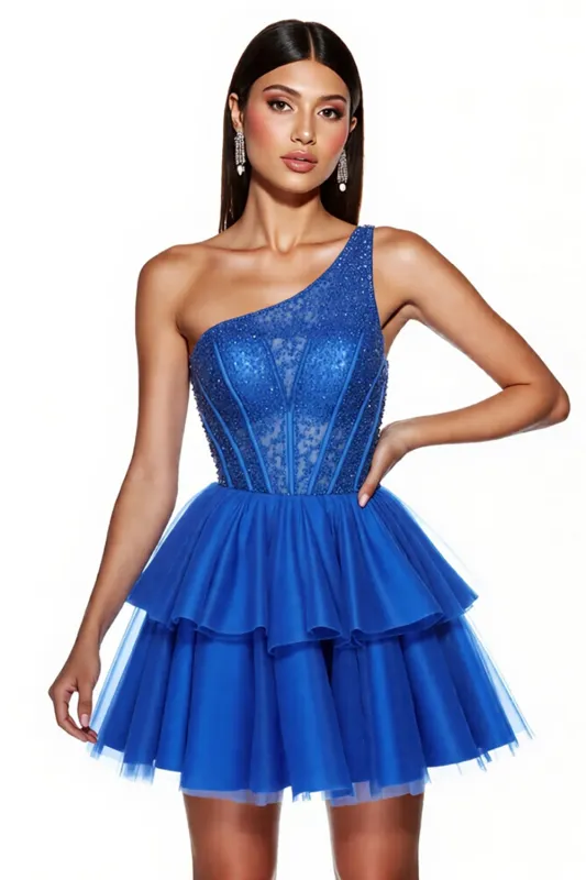Sparkly Royal Blue Beaded A Line Corset Tulle One shoulder Short Homecoming Dress sold by Zapaka
