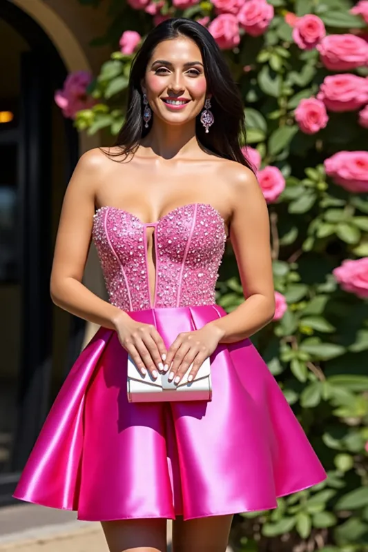 Fuchsia Strapless Keyhole Satin A Line Homecoming Dress sold by Zapaka