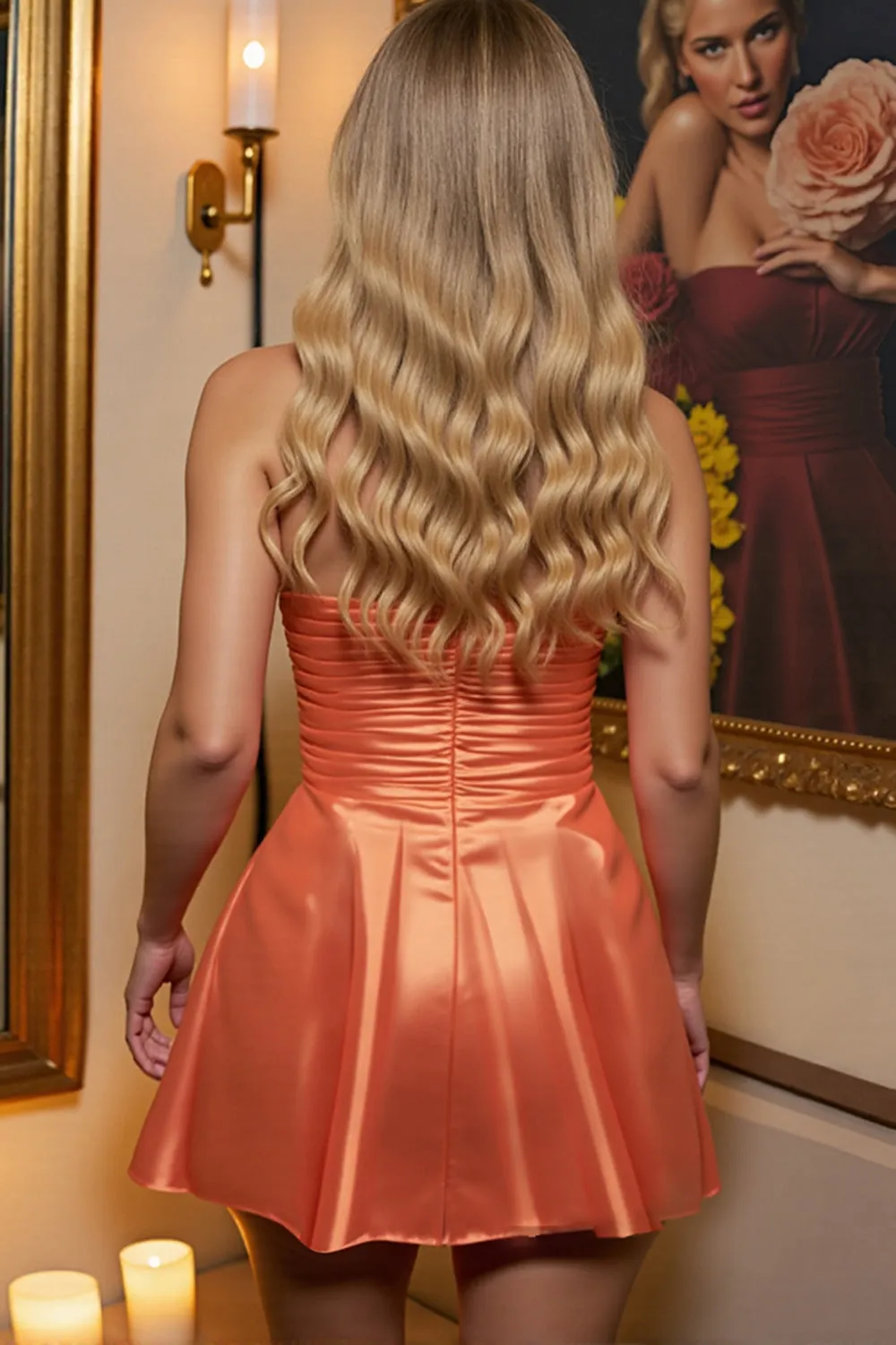 Orange Satin A Line Strapless Short Homecoming Dress sold by Zapaka product image thumbnail 2