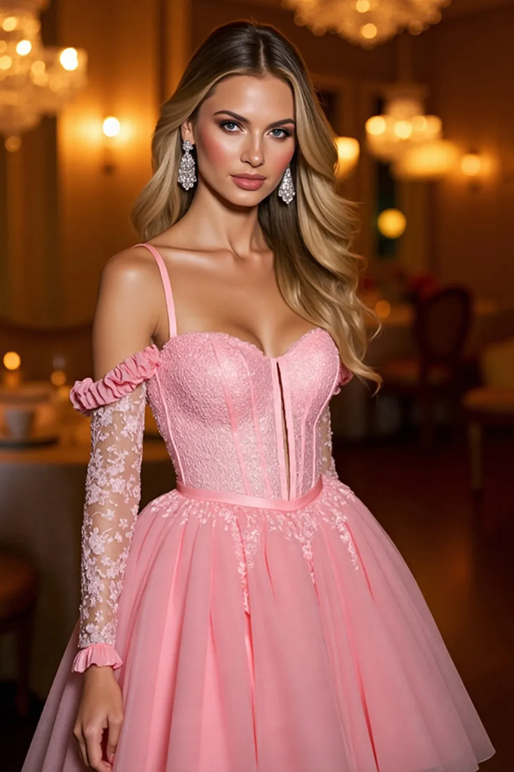 Pink Cold Shoulder Corset A Line Homecoming Dress With Appliques sold by Zapaka