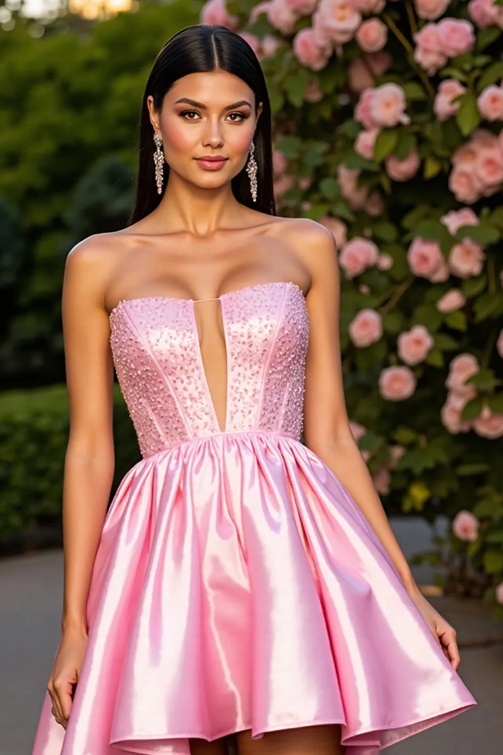 Pink Strapless Satin A Line Short Homecoming Dress sold by Zapaka
