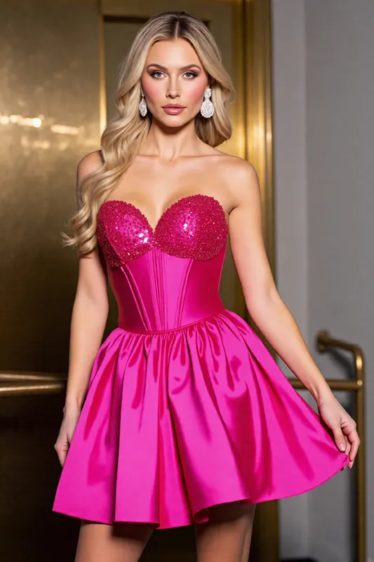 Sparkly A Line Fuchsia Satin Corset Homecoming Dress sold by Zapaka