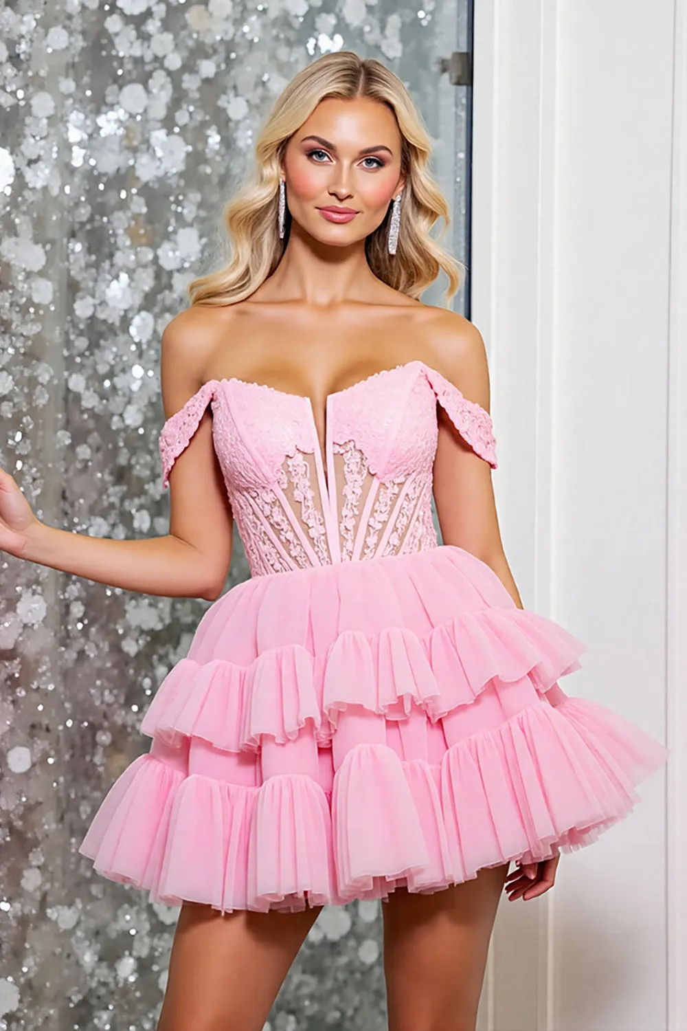 A Line Off The Shoulder Fuchsia Tiered Mini Homecoming Dress sold by Zapaka product image thumbnail 5