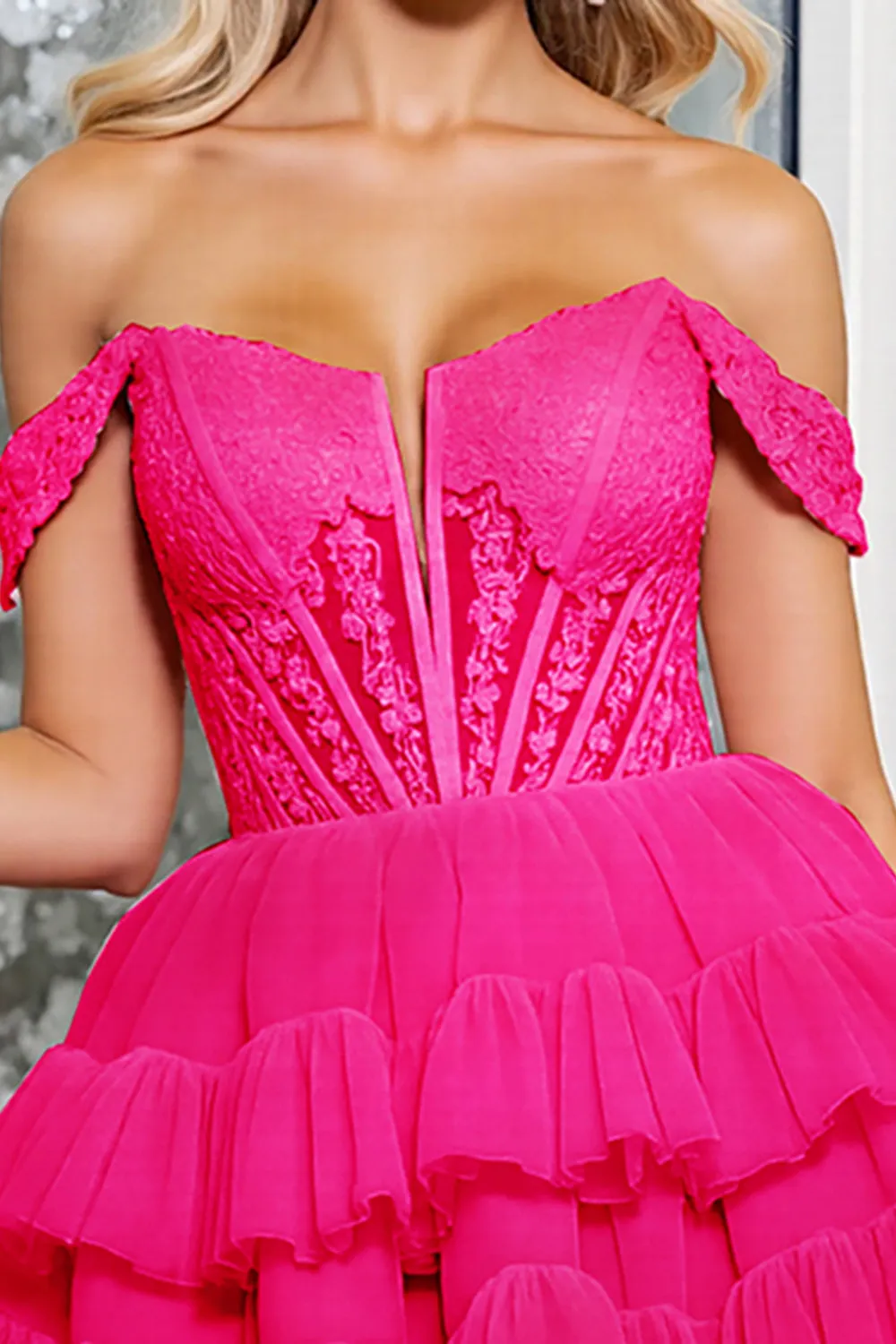 A Line Off The Shoulder Fuchsia Tiered Mini Homecoming Dress sold by Zapaka product image thumbnail 3