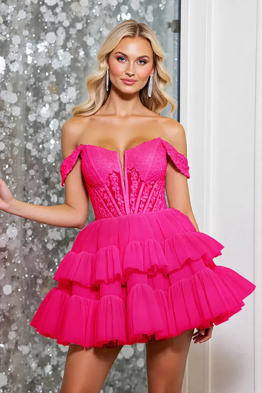 A Line Off The Shoulder Fuchsia Tiered Mini Homecoming Dress sold by Zapaka