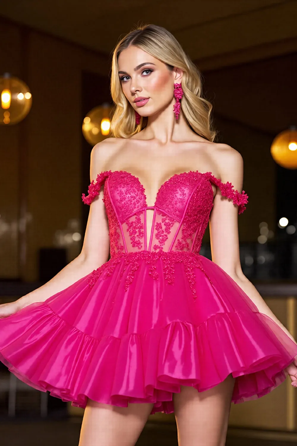 Off The Shoulder A-Line Corset Appliques Fuchsia Homecoming Dress sold by Zapaka
