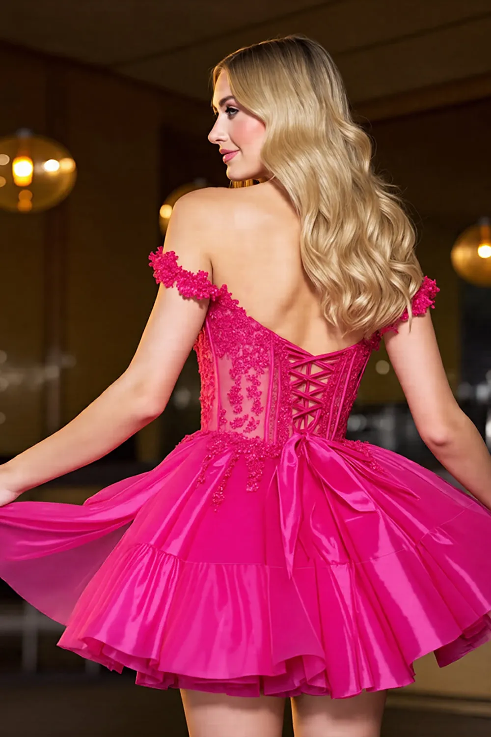 Off The Shoulder A-Line Corset Appliques Fuchsia Homecoming Dress sold by Zapaka product image thumbnail 2