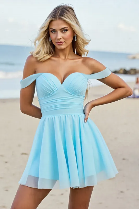 Off The Shoulder Light Blue A Line Homecoming Dress sold by Zapaka