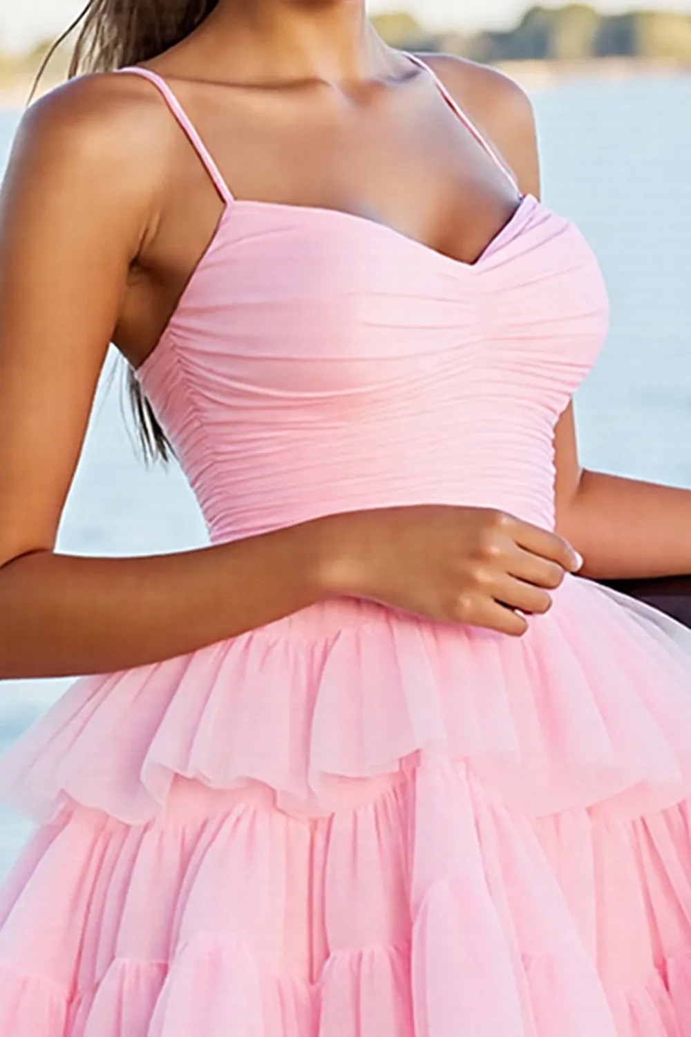 Pink A Line Tiered Spaghetti Straps Homecoming Dress sold by Zapaka product image thumbnail 3