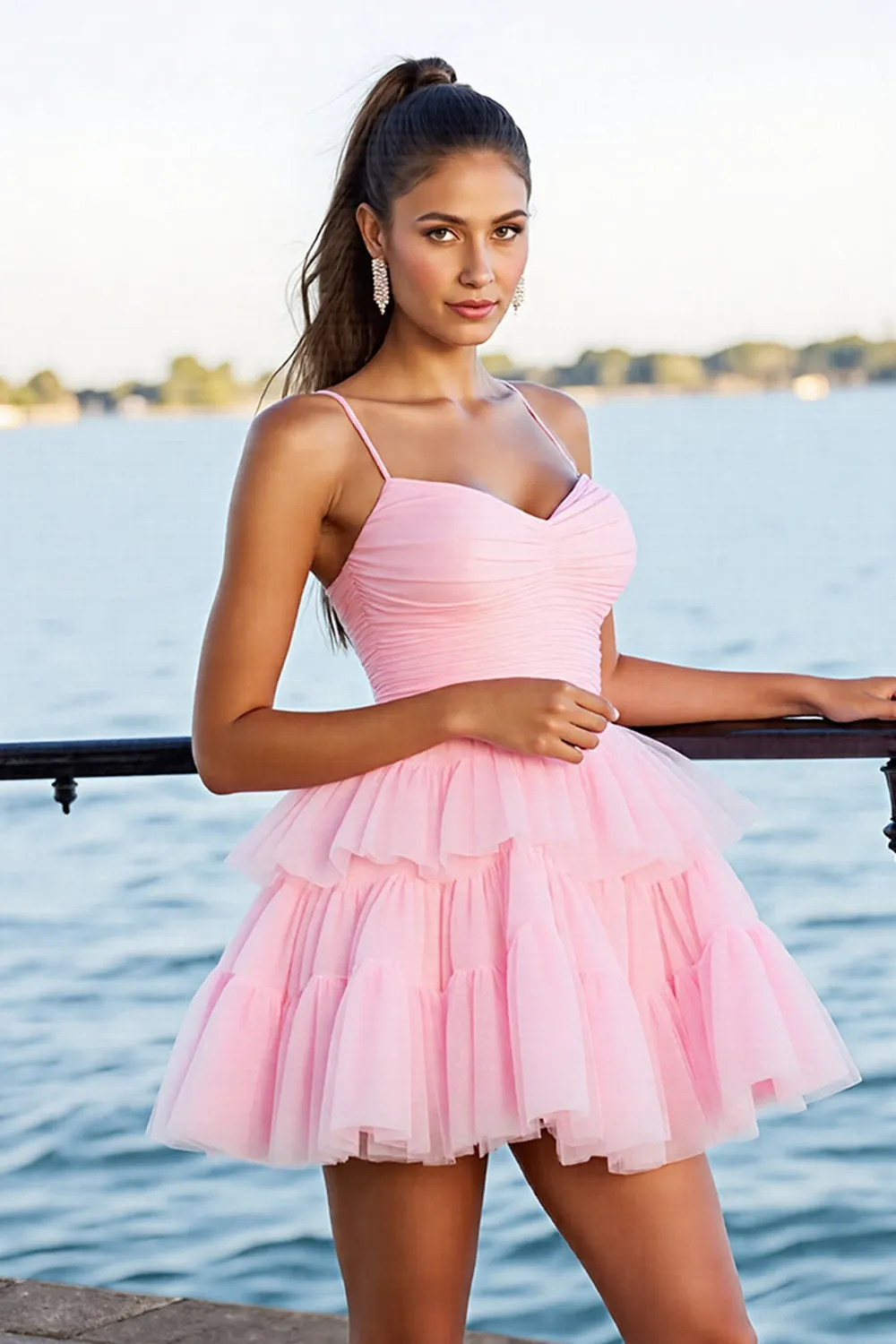 Pink A Line Tiered Spaghetti Straps Homecoming Dress sold by Zapaka
