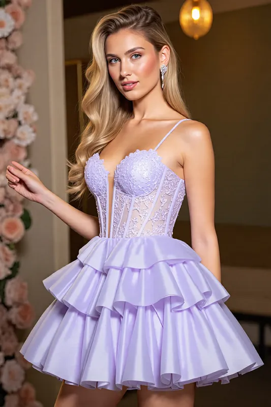 Lavender A Line Corset Satin Homecoming Dress with Appliques sold by Zapaka
