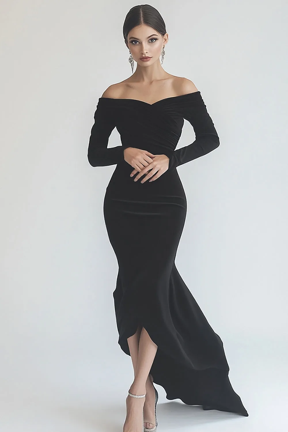 Black Satin Mermaid High-Low Formal Dress sold by Zapaka