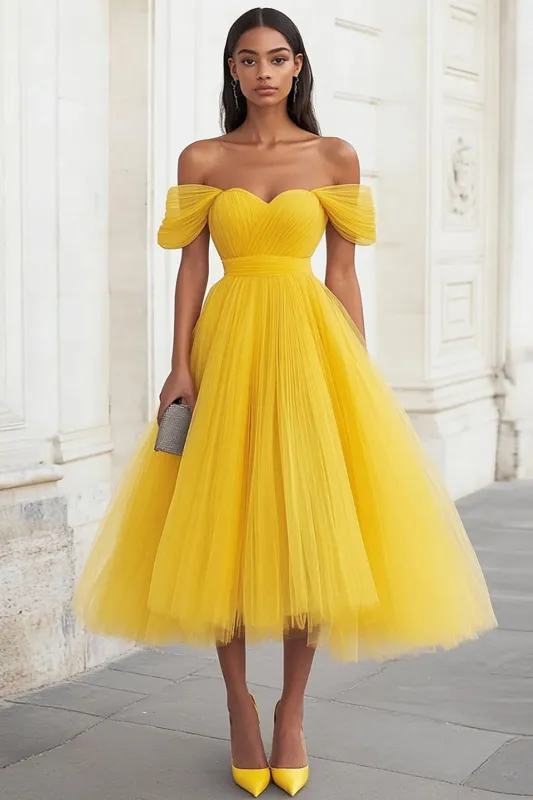 Yellow Off the Shoulder Tulle Pleated Long Prom Dress sold by Zapaka