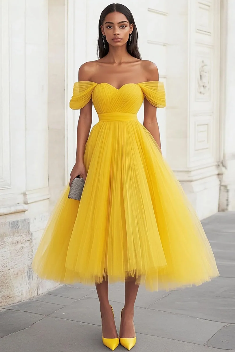 Yellow Off the Shoulder Tulle Pleated Long Prom Dress sold by Zapaka