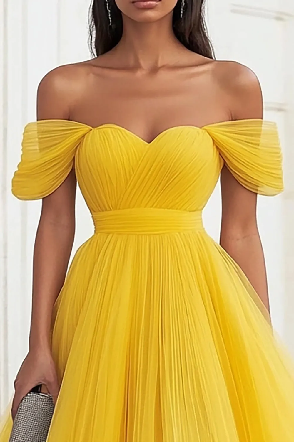 Yellow Off the Shoulder Tulle Pleated Long Prom Dress sold by Zapaka product image thumbnail 2